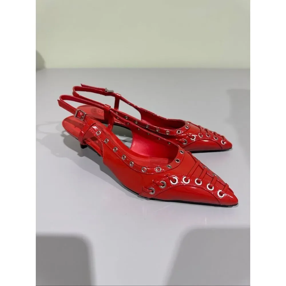 Schutz Chic Ruth 1.6” Mid Patent Leather Kitten Heel Pump Flame Scar Red 6.5